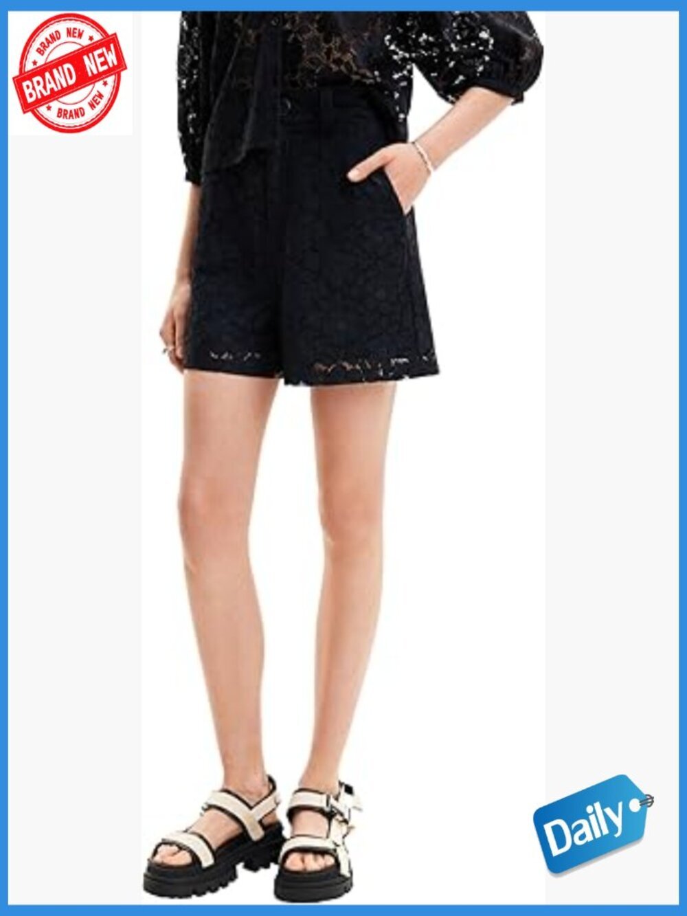 Polyester High Rise Shorts with Lace Trim & Slash Pockets